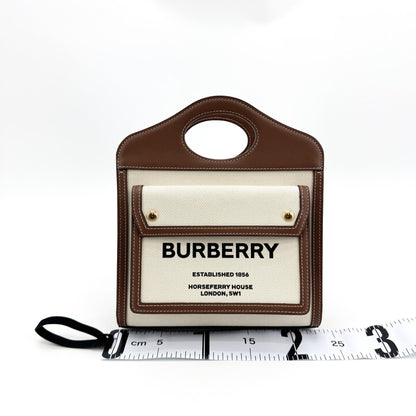 Burberry Logo Pocket Leather with Check Canvas, Brown, Canvas, Tote Bag