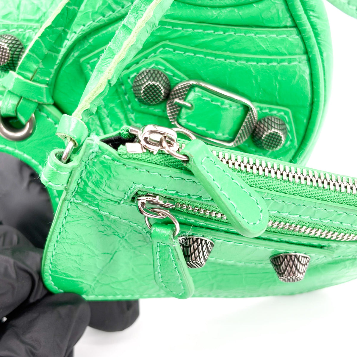 Balenciaga Le Cagole Giant Spikes Leather, Green, Leather, Shoulder Bag