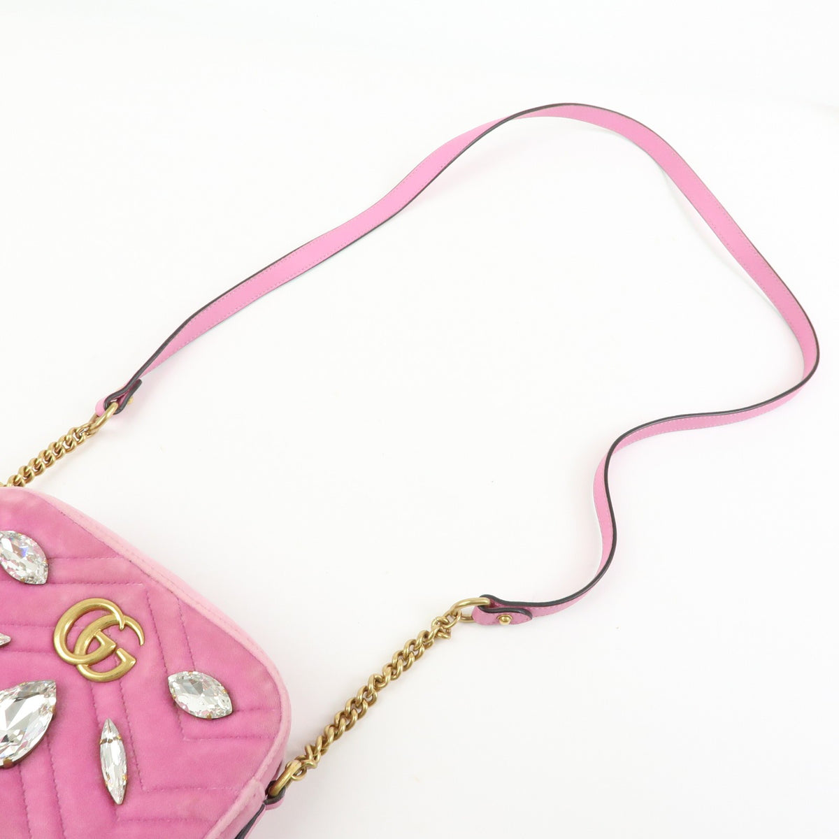 Gucci GG Marmont Crystal Embellished Matelasse Velvet, Pink, Velvet, Shoulder Bag