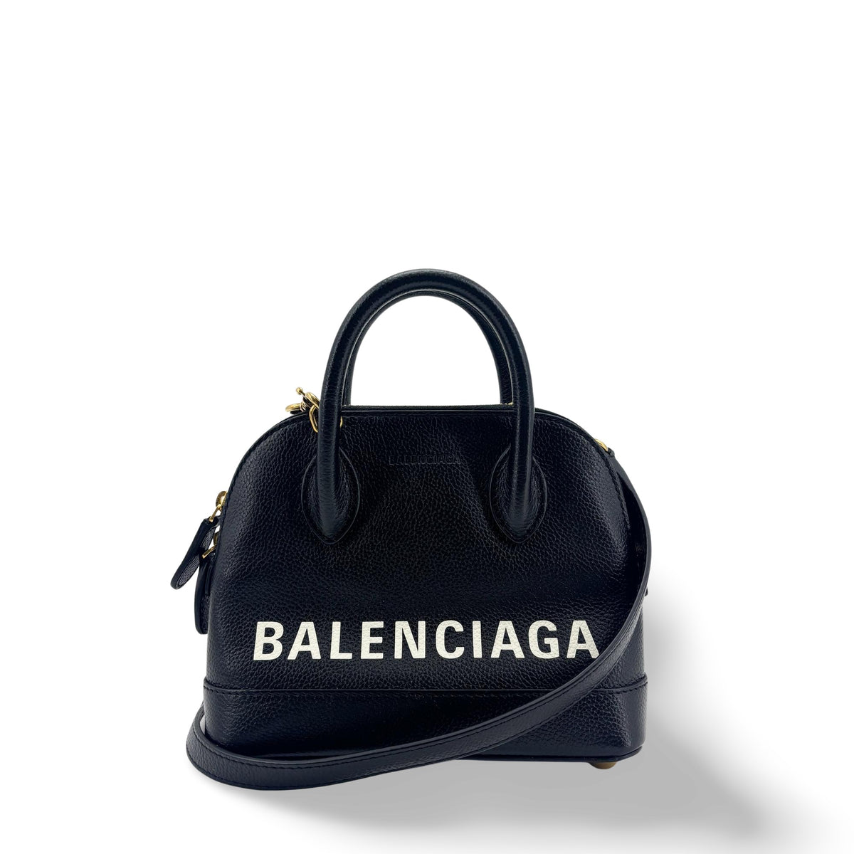 Balenciaga Logo Ville Leather, Black, Leather, Handbag