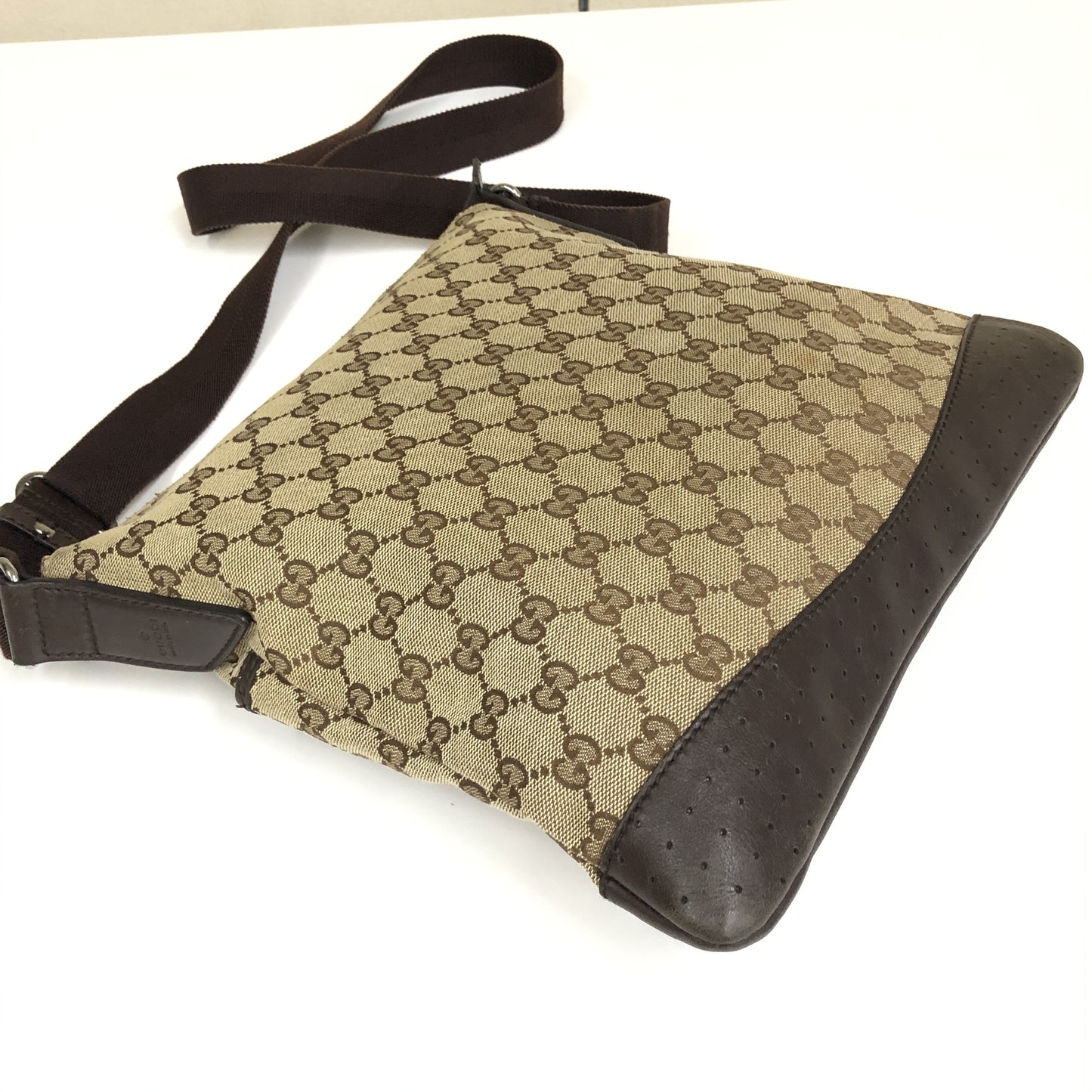 Gucci Zip Messenger GG Canvas with Perforated Leather, Beige, Canvas, Shoulder Bag