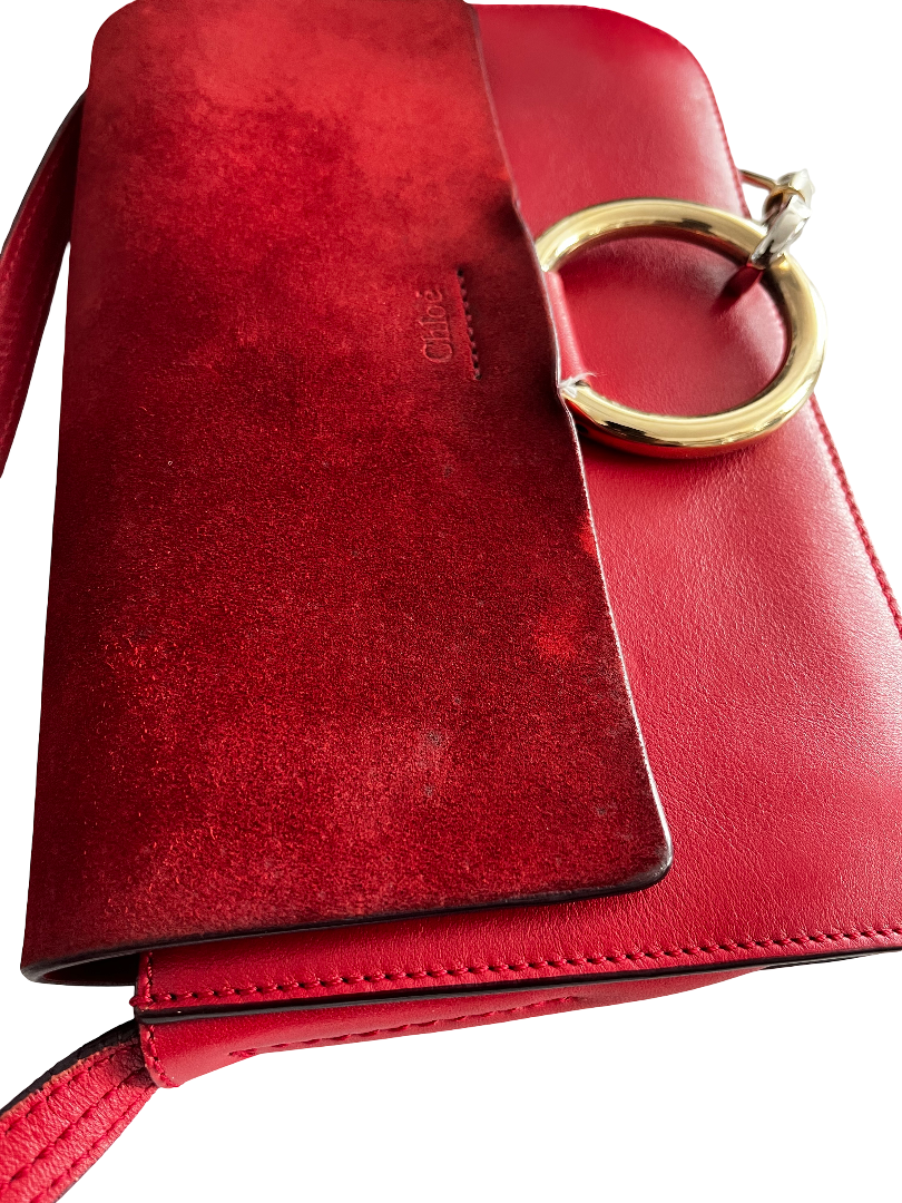 Chloe Faye Chain Leather and Suede, Red, Suede, Shoulder Bag