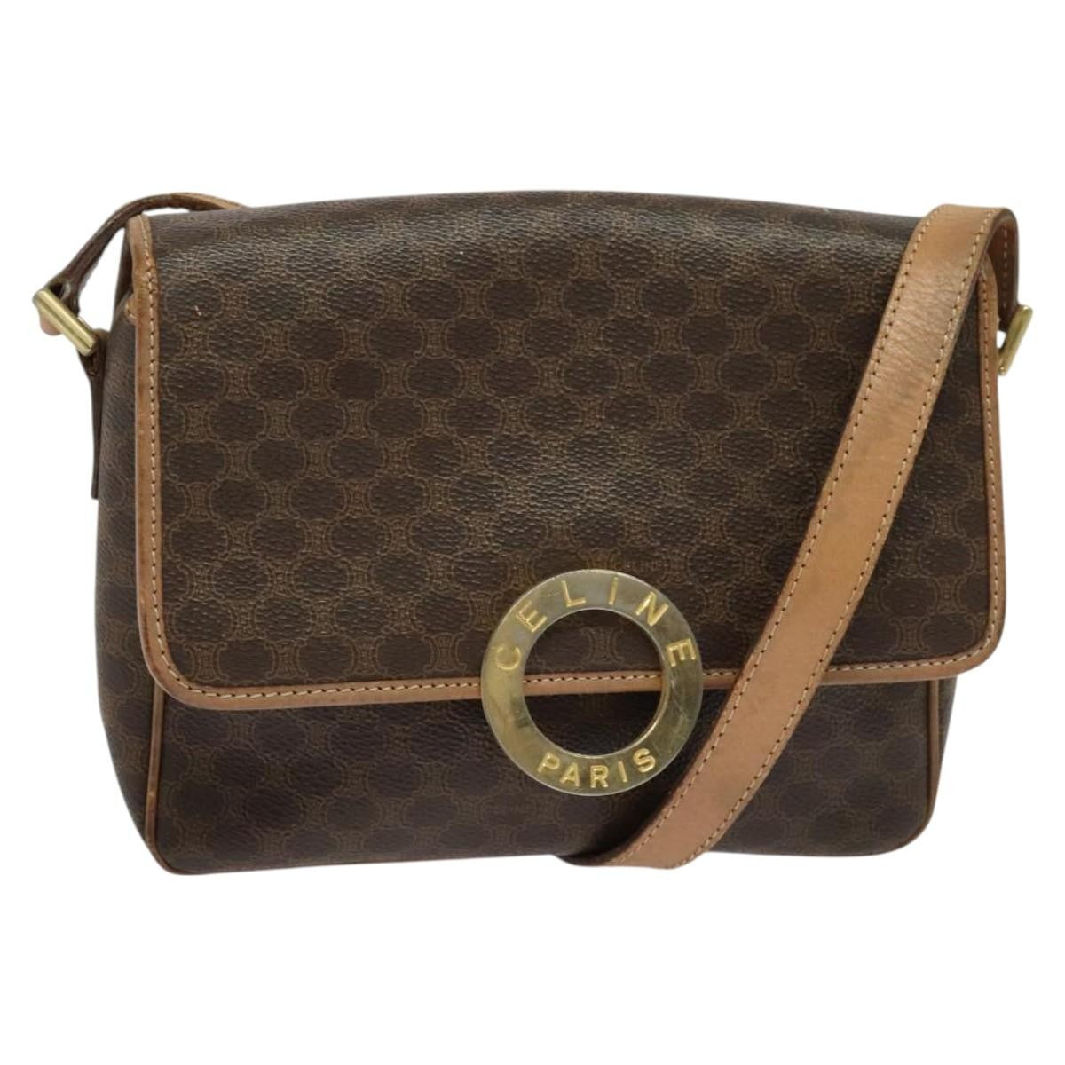 Celine Vintage Macadam Circle Logo Canvas and Leather, Brown, Canvas, Shoulder Bag