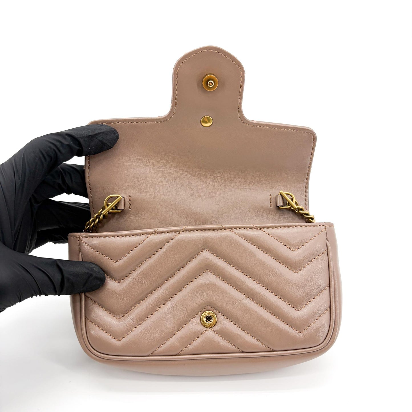 Gucci GG Marmont Flap Chevron Leather, Beige, Leather, Shoulder Bag