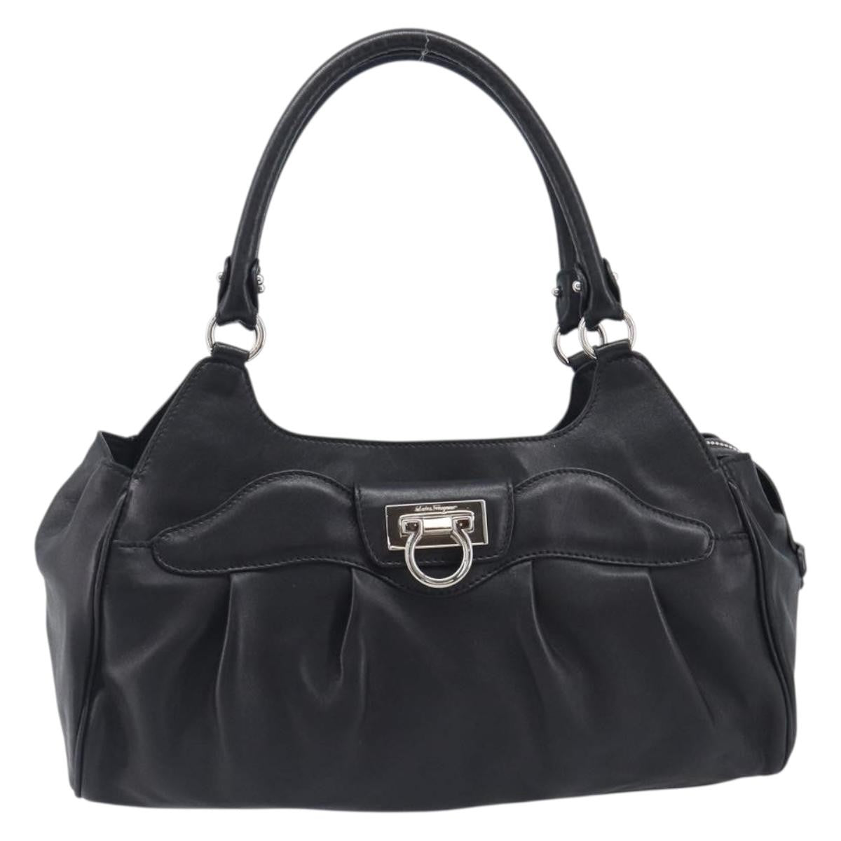 Salvatore Ferragamo Gancini Leather, Black, Leather, Handbag