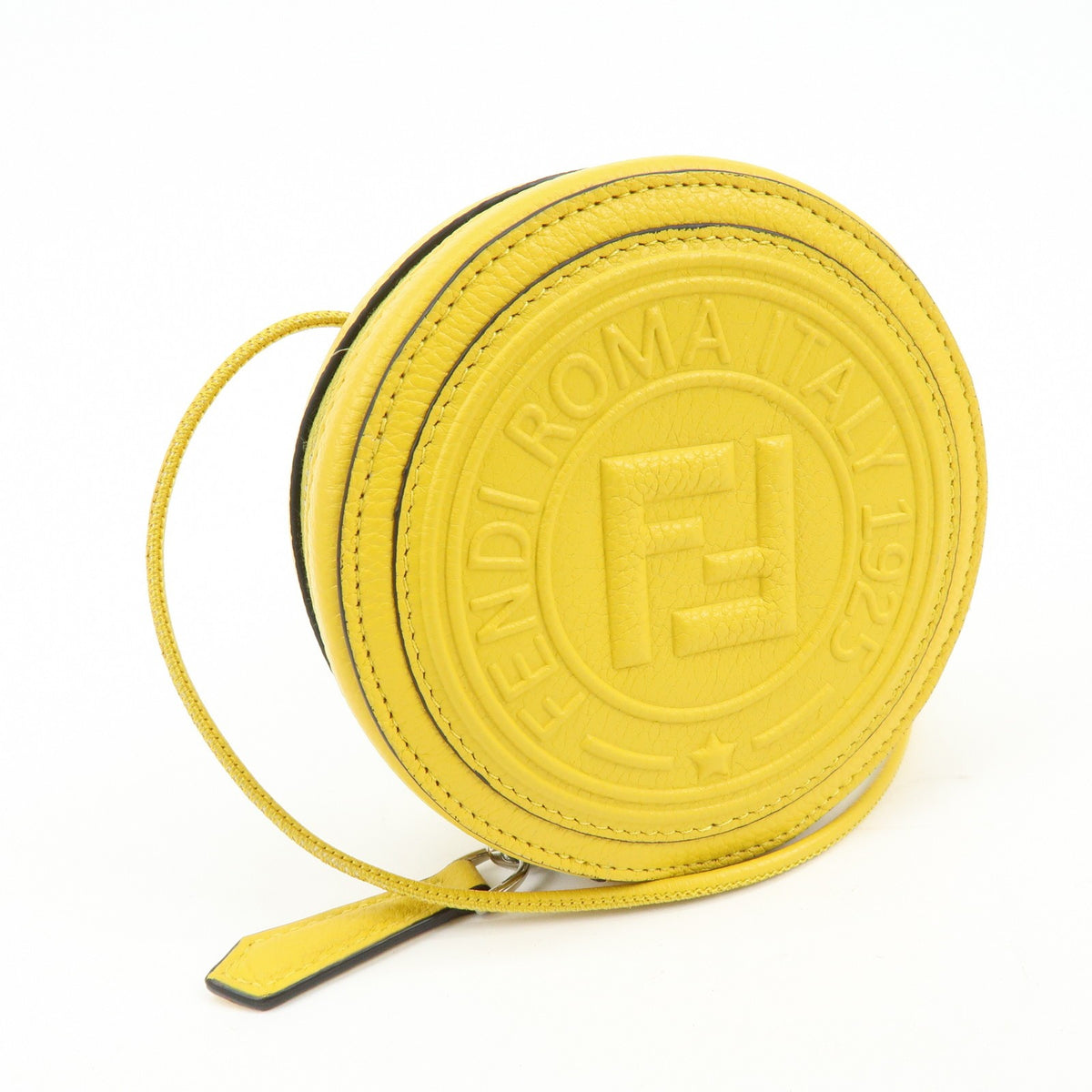 Fendi Vintage FF Round Embossed Leather, Yellow, Leather, Crossbody Bag