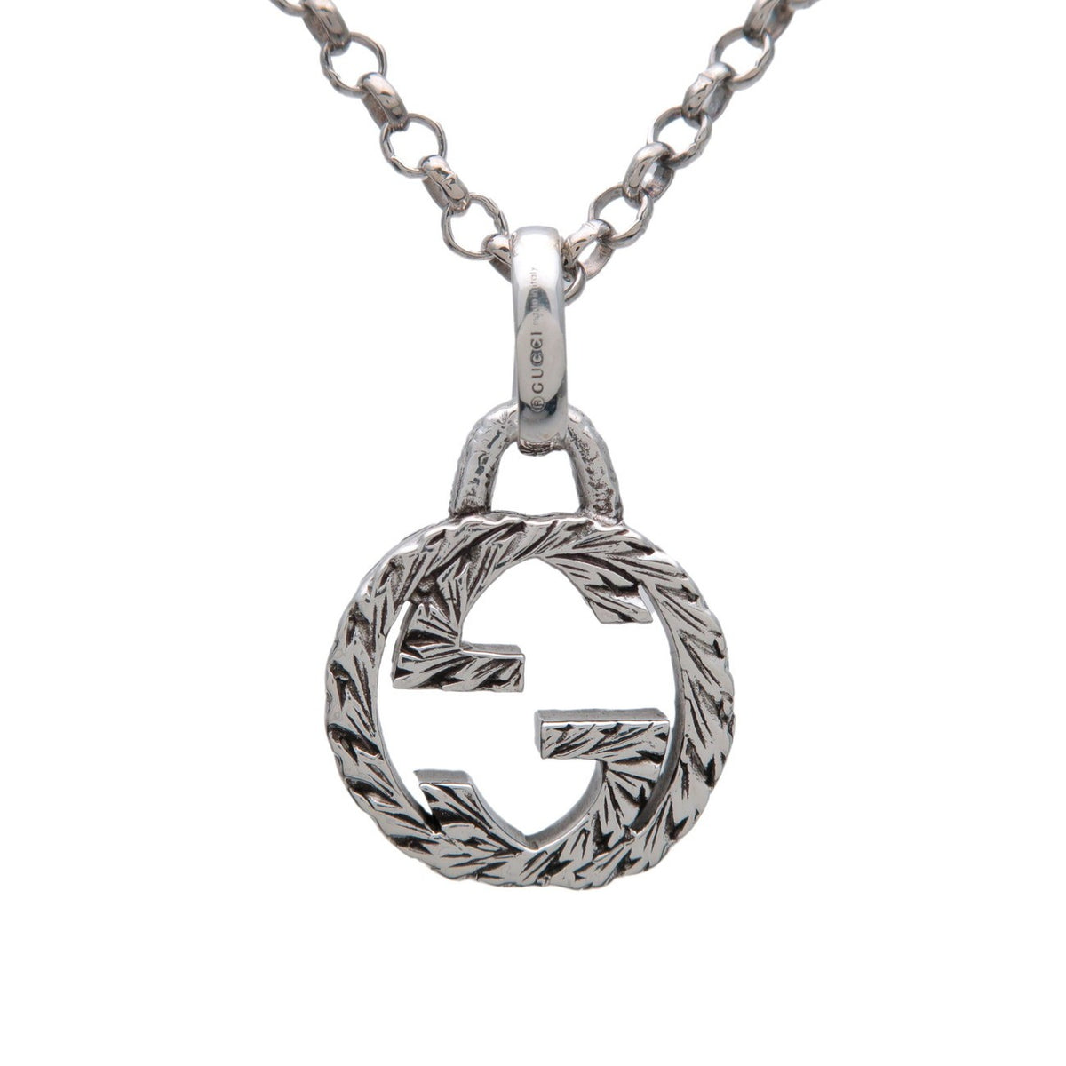 Gucci Engraved Interlocking G Chain Link Pendant Sterling Silver, Silver, Silver, Necklace