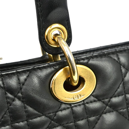 Christian Dior Lady Dior Cannage Quilt Lambskin, Black, Leather, Handbag