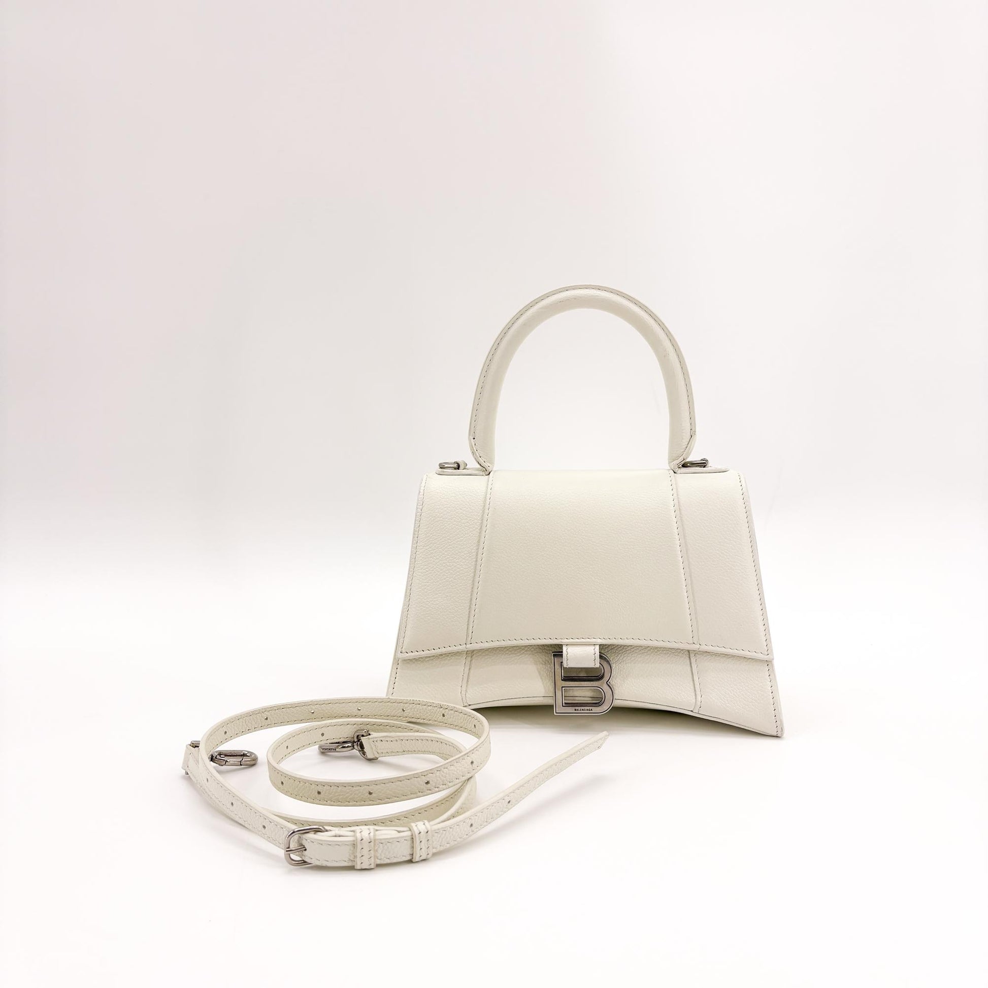 Balenciaga Hourglass Top Handle Leather, White, Leather, Handbag