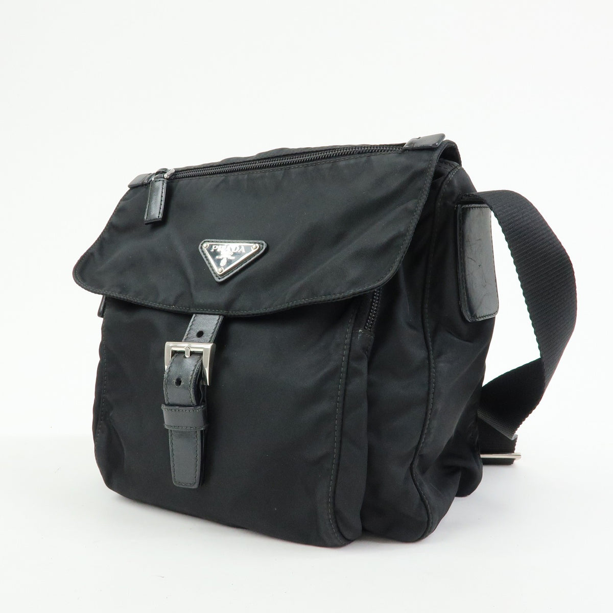 Prada Zip Buckle Messenger Tessuto, Black, Nylon, Handbag