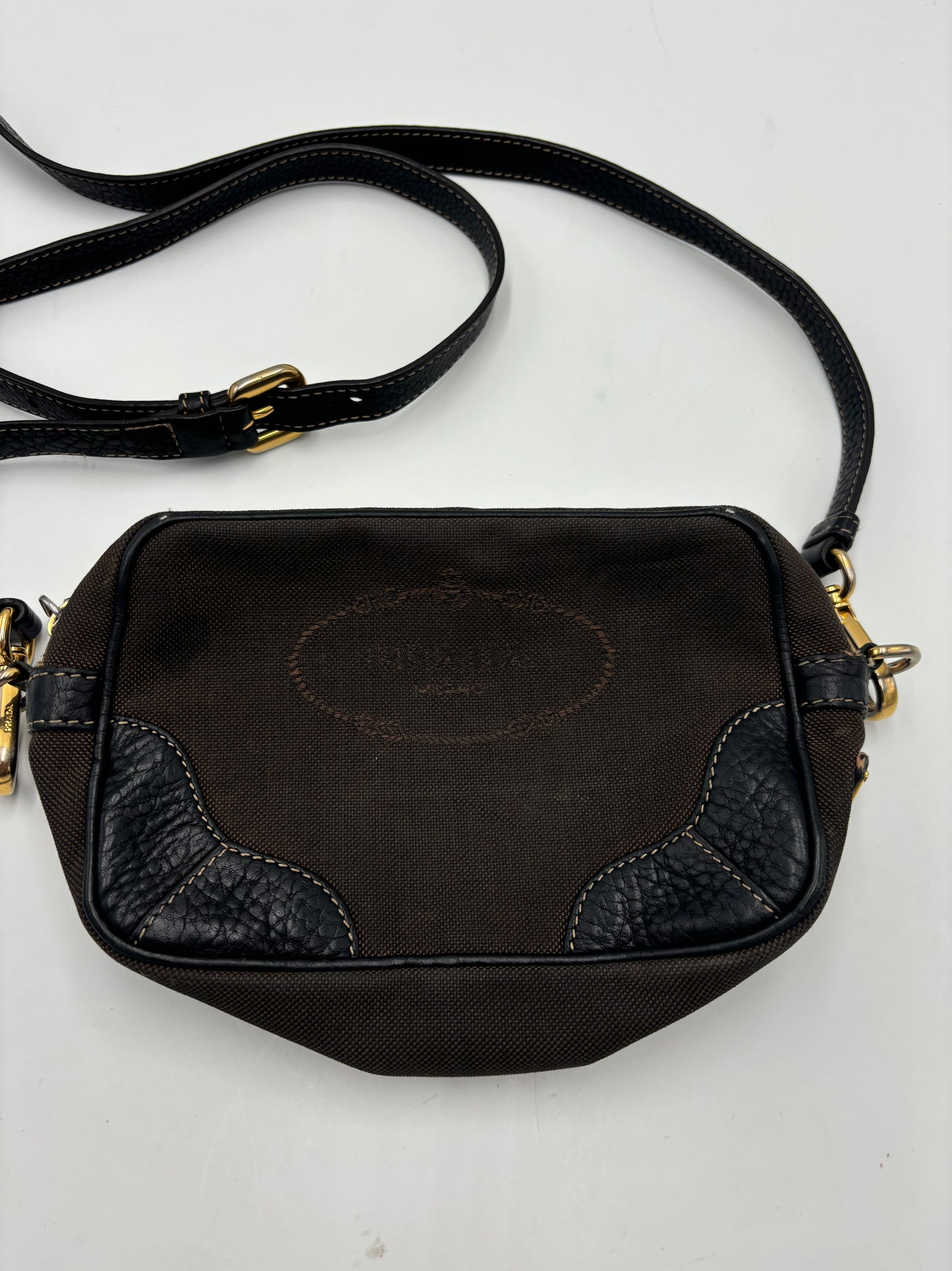 Prada Mini Zip Crossbody Bag Canvas and Leather, Brown, Canvas, Backpack