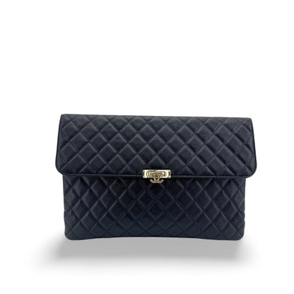 Chanel Golden Class O Case Clutch Quilted Caviar, Black, Leather, Clutch