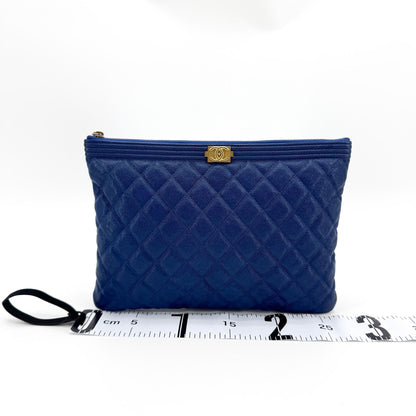 Chanel Boy O Case Clutch Quilted Caviar, Blue, Leather, Clutch