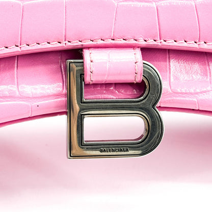 Balenciaga Hourglass Top Handle Crocodile Embossed Leather, Pink, Leather, Handbag