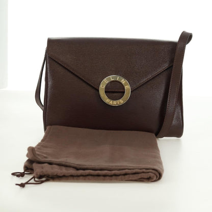 Celine Circle Logo Leather, Brown, Leather, Shoulder Bag