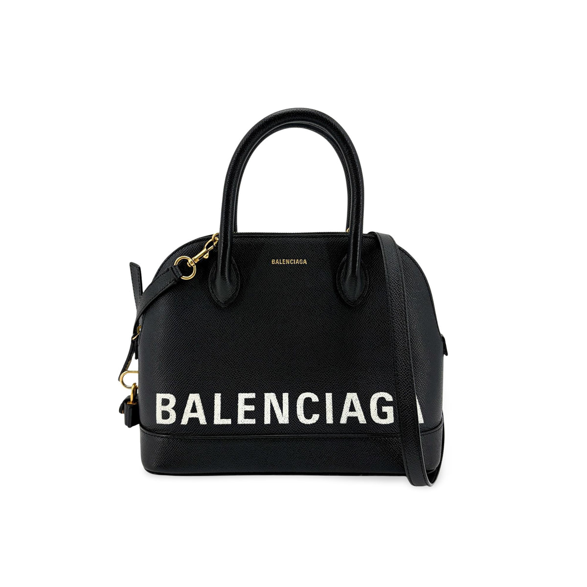 Balenciaga Logo Ville Leather, Black, Leather, Handbag
