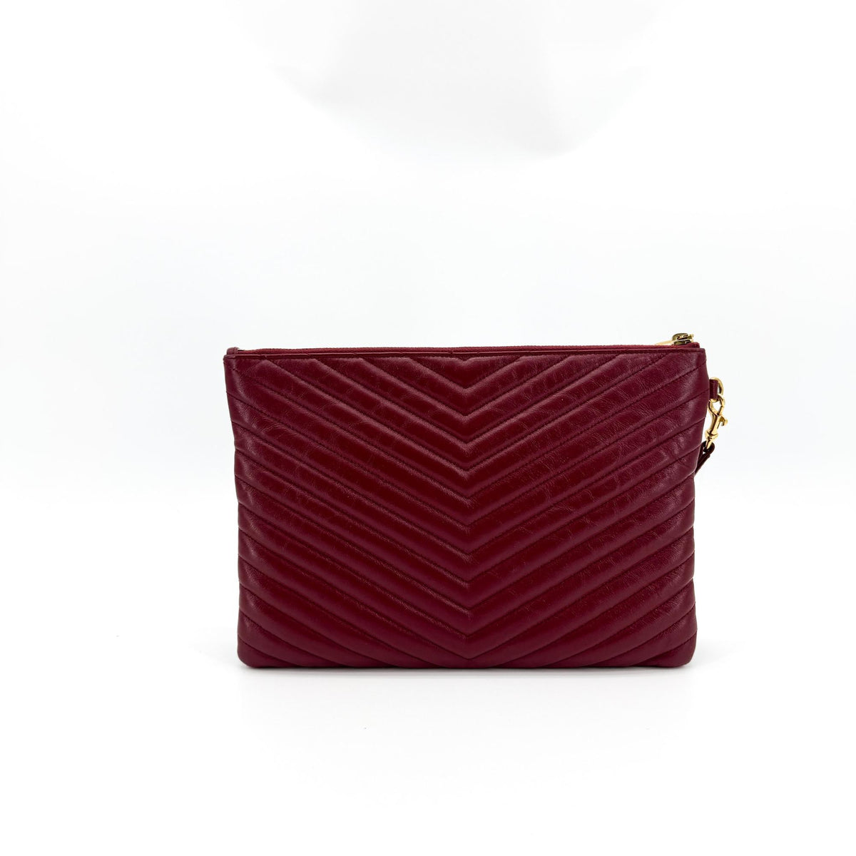 Saint Laurent Classic Monogram Wristlet Matelasse Chevron Leather, Burgundy, Leather, Clutch