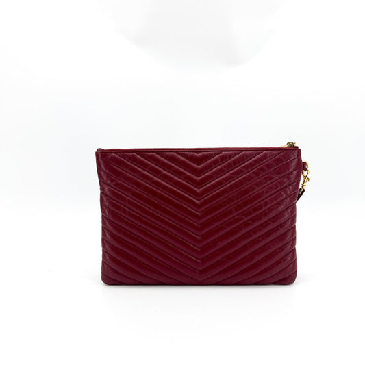 Saint Laurent Classic Monogram Wristlet Matelasse Chevron Leather, Burgundy, Leather, Clutch