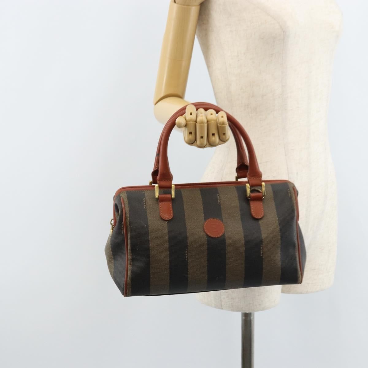 Fendi Vintage Pequin Convertible Boston Coated Canvas, Brown, Canvas, Handbag