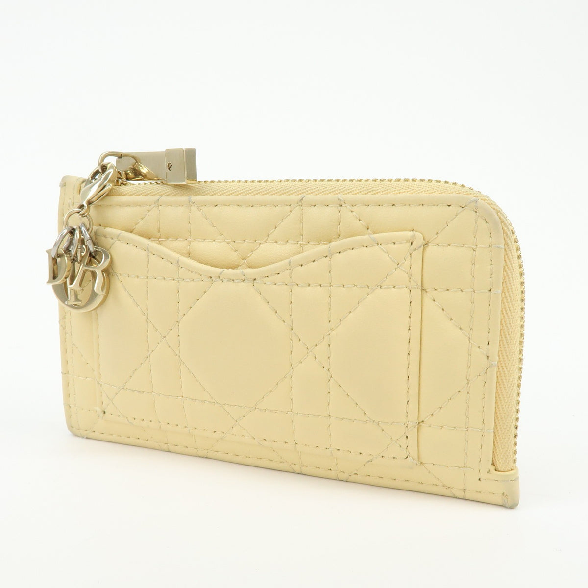 Christian Dior Lady Dior Card Holder Cannage Quilt Patent, Yellow, Leather, Card Holder