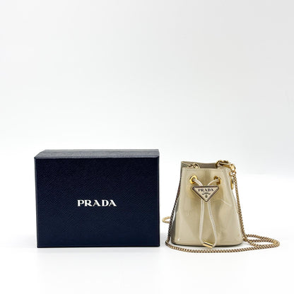 Prada Triangle Logo Drawstring Pouch Bucket Patent, Beige, Patent Leather, Clutch