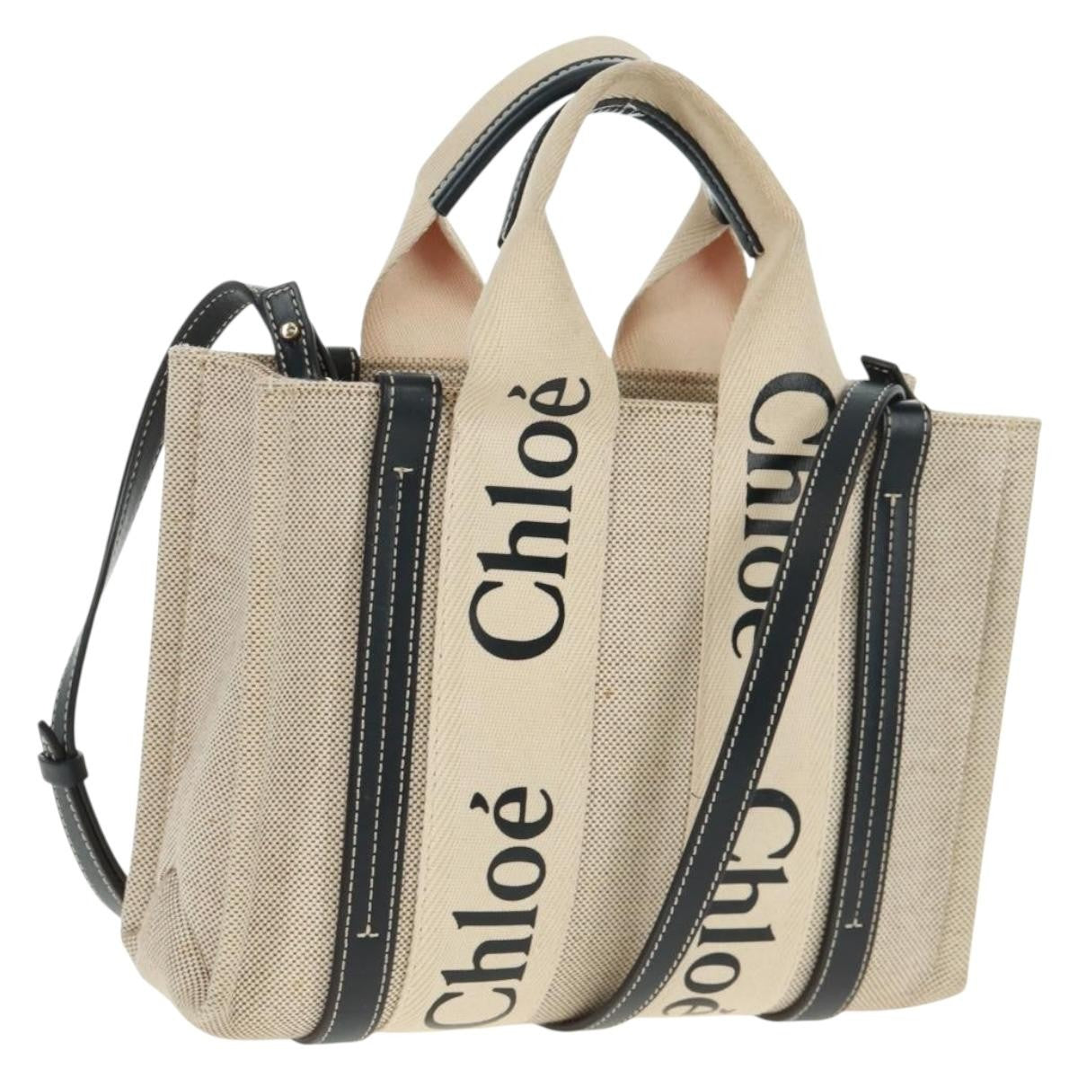 Chloe Woody Convertible Canvas with Leather, Beige, Canvas, Tote Bag
