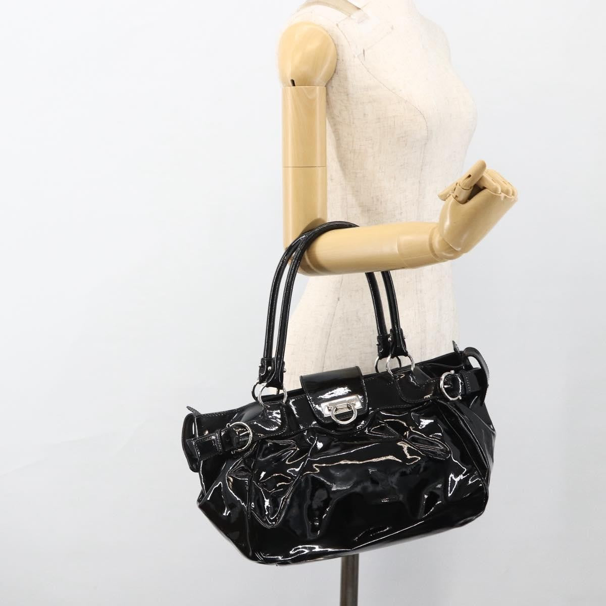 Salvatore Ferragamo Gancini Patent Leather, Black, Patent Leather, Handbag
