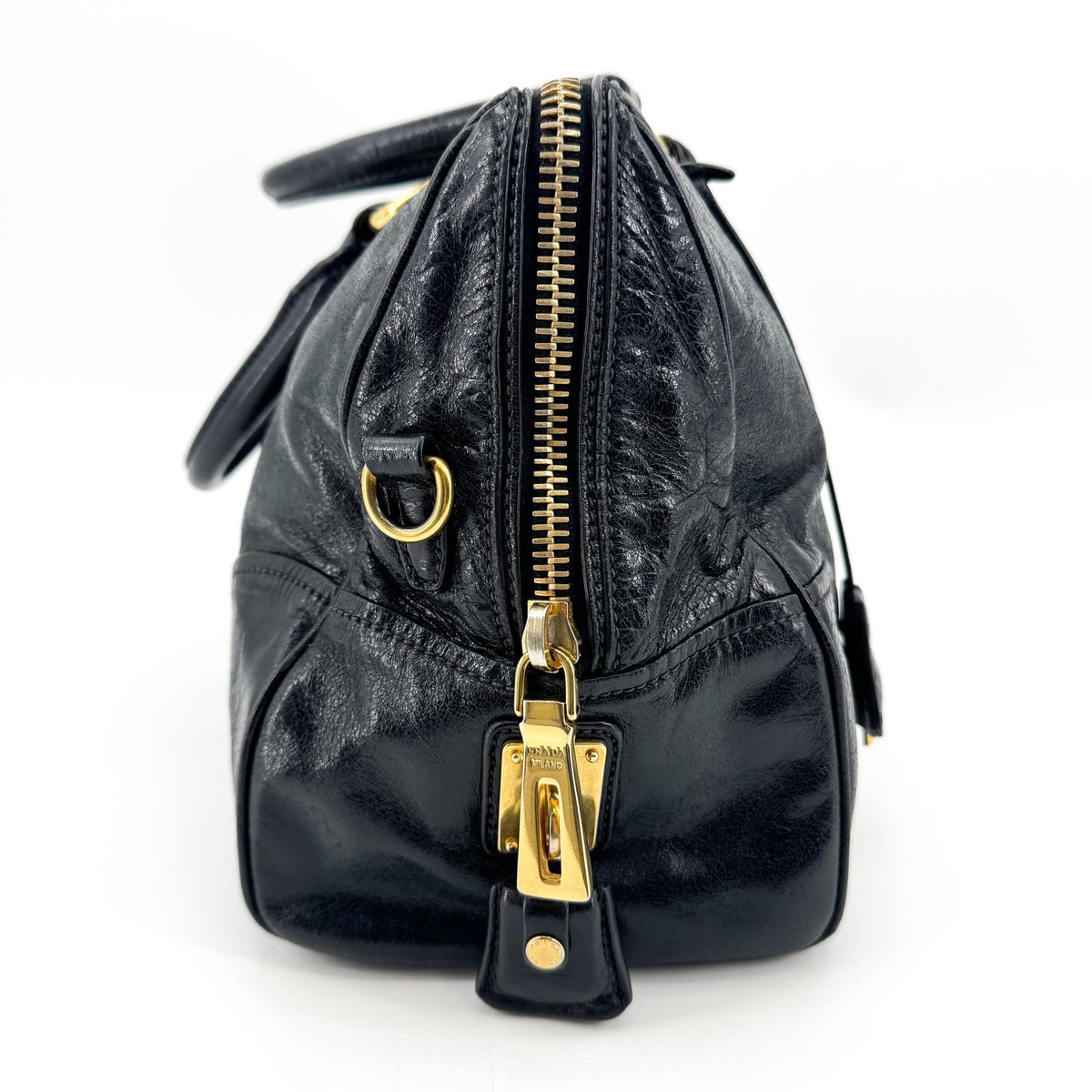Prada Convertible Boston Vitello Shine, Black, Leather, Handbag