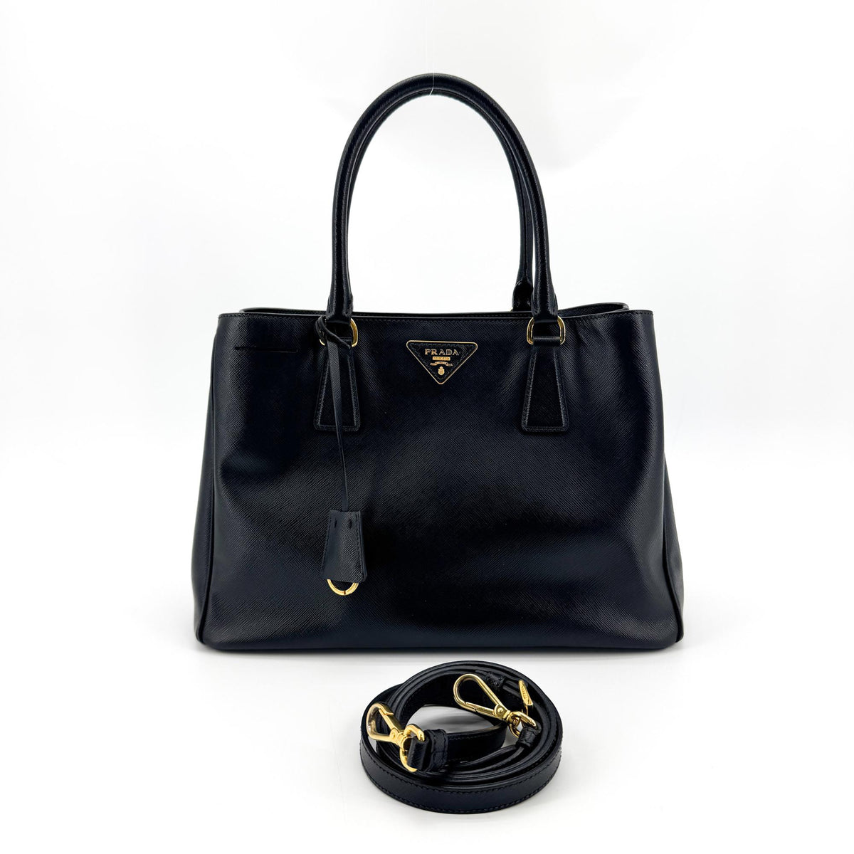 Prada Galleria Double Zip Spazzolato Leather, Black, Leather, Tote Bag