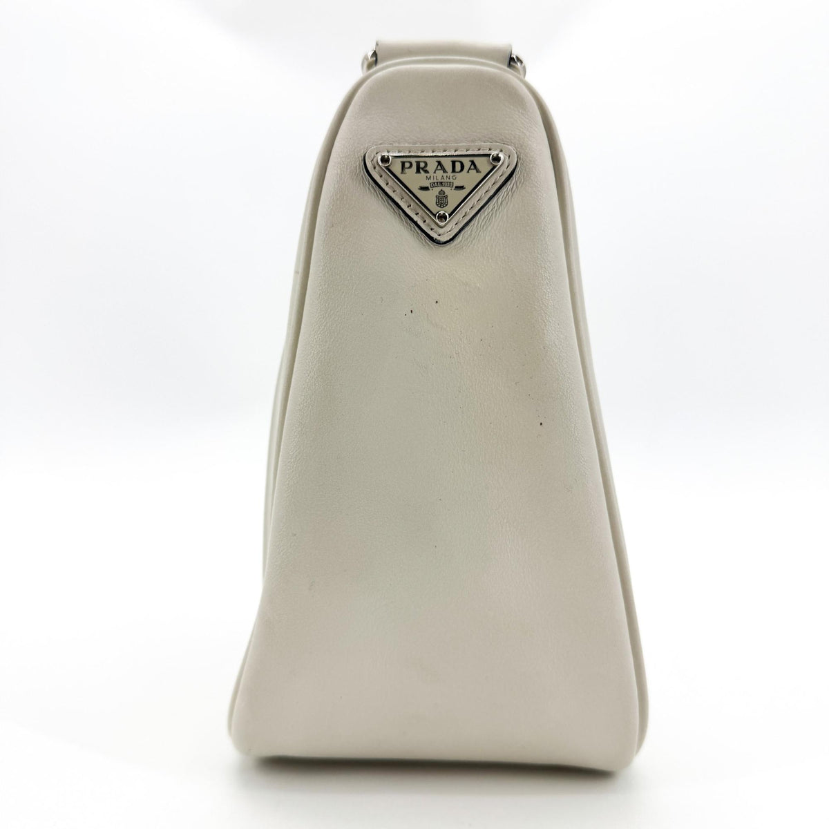 Prada Triangle Logo Zip Leather, White, Leather, Crossbody Bag
