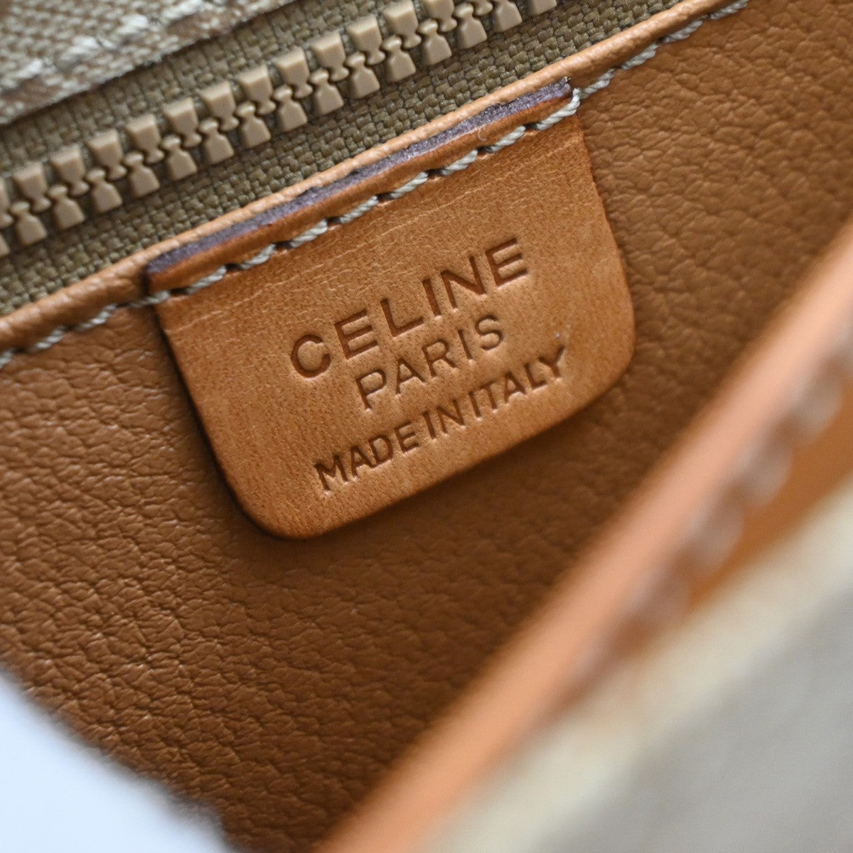 Celine Vintage Macadam Circle Logo Canvas and Leather, Beige, PVC, Shoulder Bag