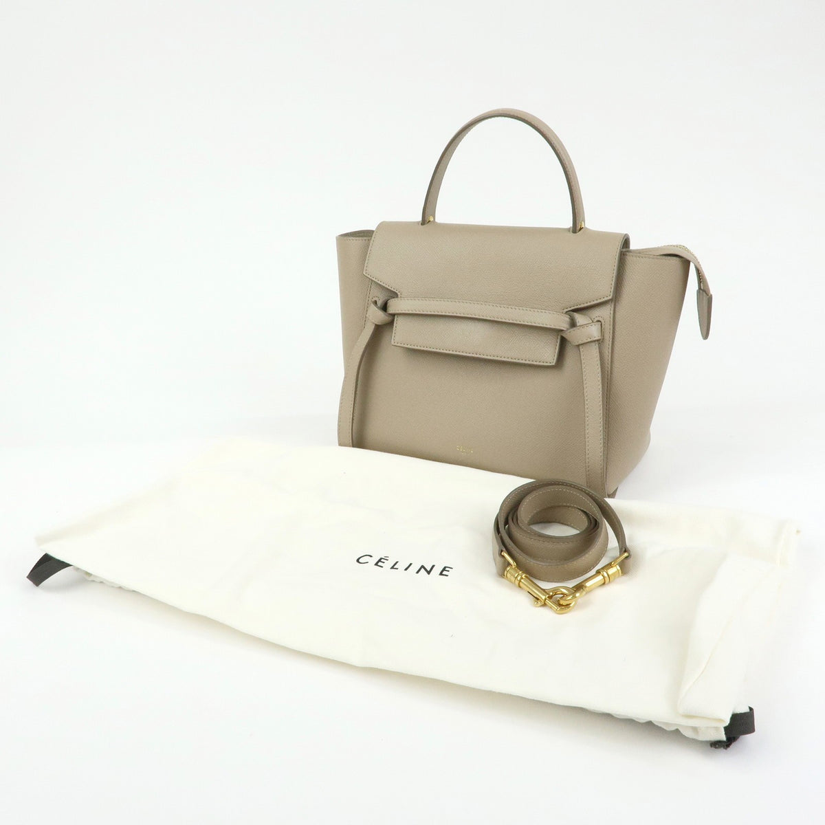 Celine Belt Textured Leather, Beige, Leather, Handbag