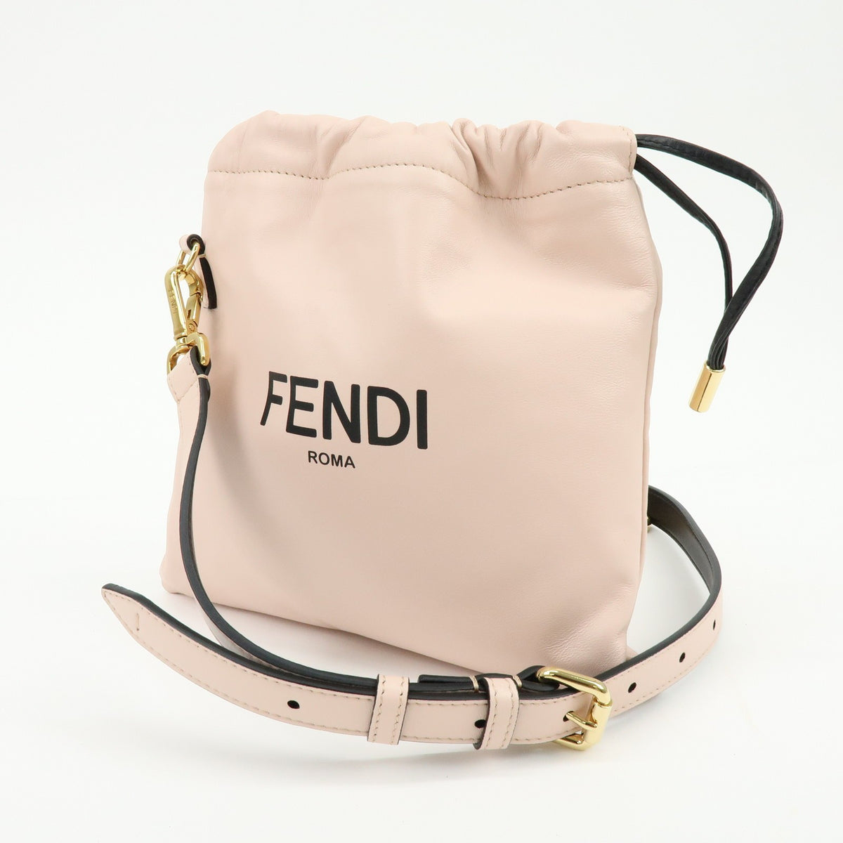 Fendi Logo Drawstring Leather, Pink, Leather, Handbag