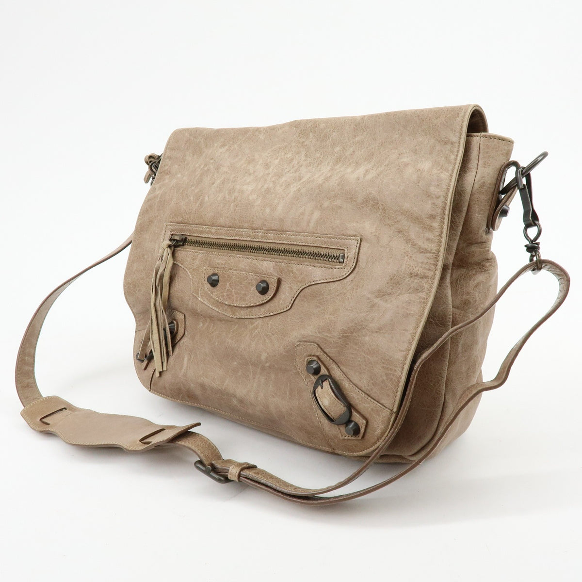 Balenciaga Classic Studs Folk Messenger Leather, Brown, Leather, Crossbody Bag