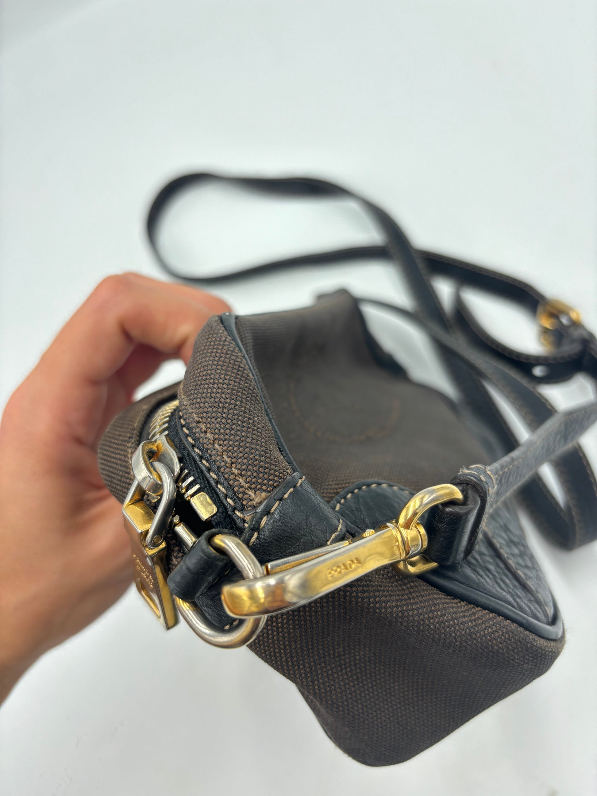 Prada Mini Zip Crossbody Bag Canvas and Leather, Brown, Canvas, Backpack
