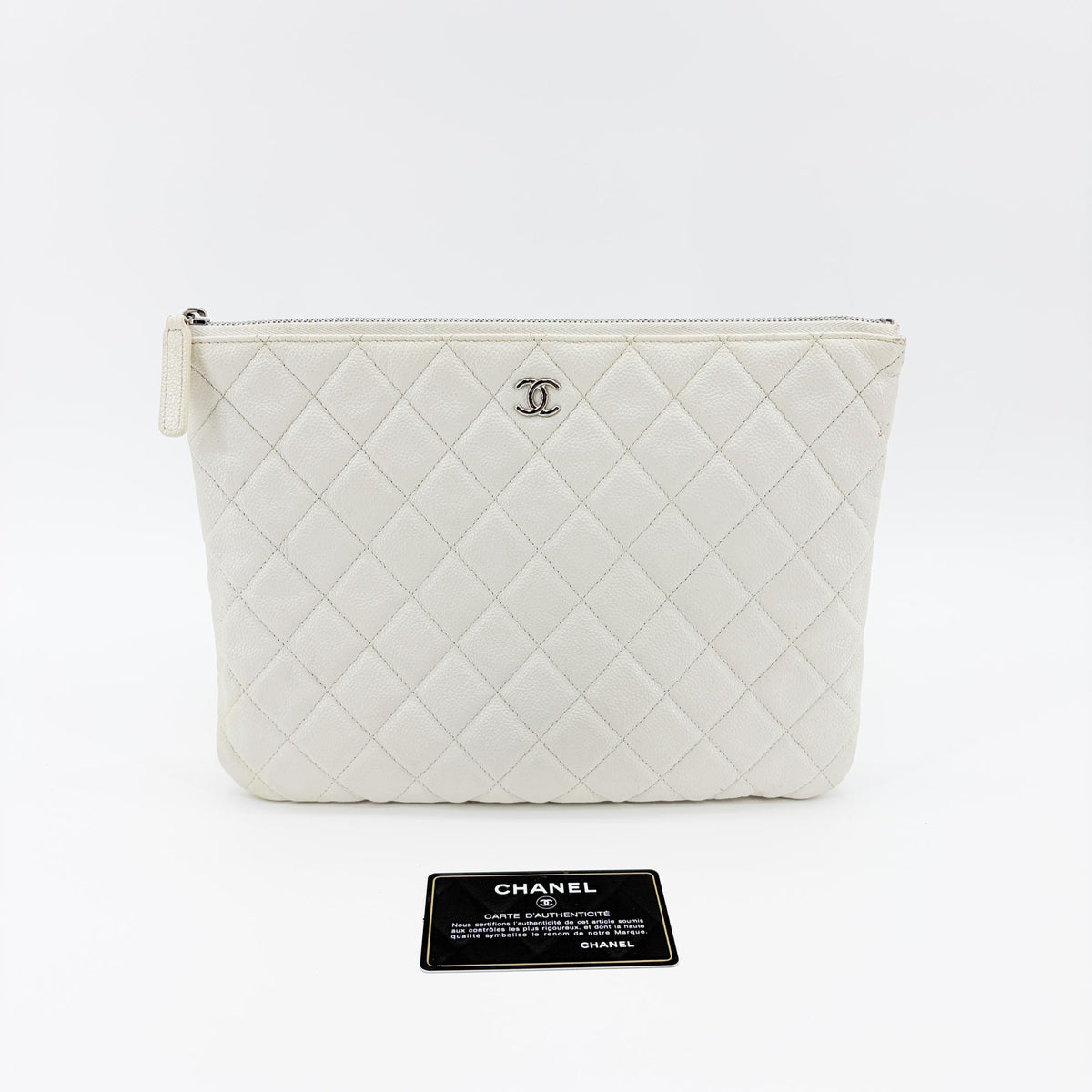 Chanel Classic O Case Quilted Caviar, White, Leather, Clutch