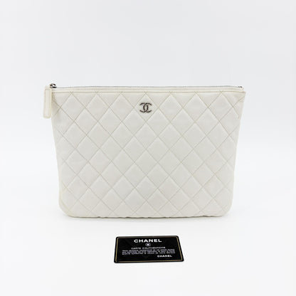 Chanel Classic O Case Quilted Caviar, White, Leather, Clutch