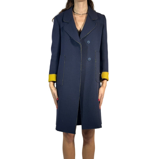 SONIA SPECIALE Wool Blend Trench Coat Double Breasted Blue Yellow Women's 44