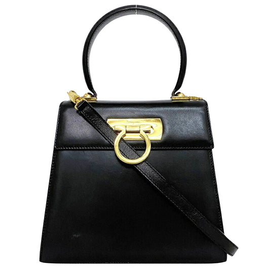 Salvatore Ferragamo Gancini, Black, Leather, handbag