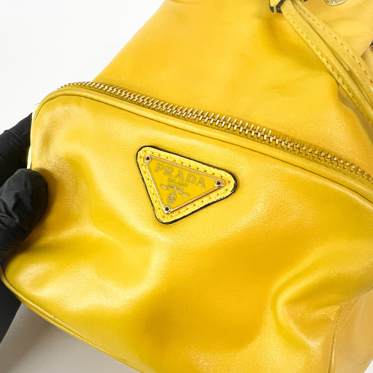 Prada Duet Drawstring Bucket Leather, Yellow, Leather, Handbag