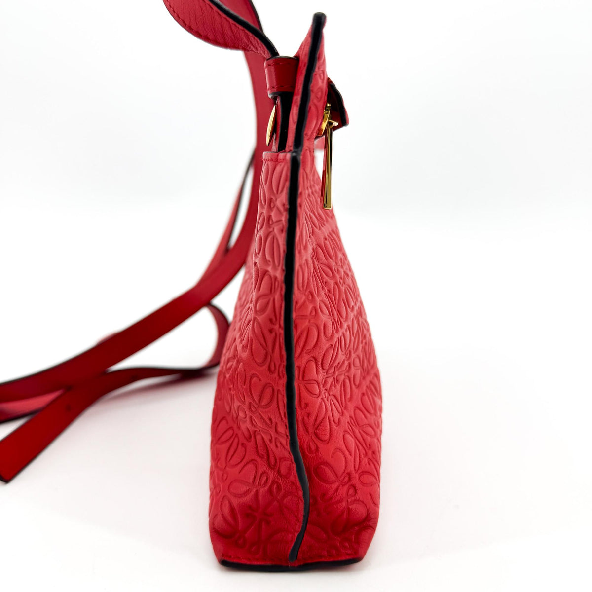 Loewe T Messenger Anagram Embossed Leather, Red, Calfskin, Crossbody Bag