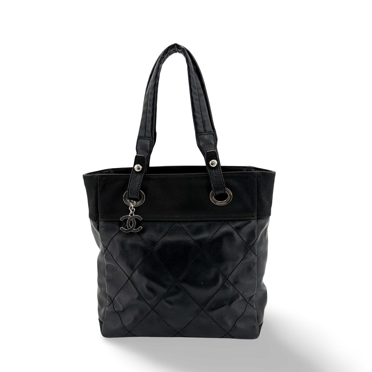 Chanel Biarritz Quilted Coated Canvas, Black, Canvas, Tote Bag