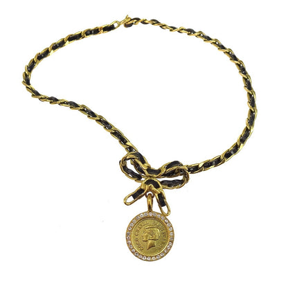 Chanel Vintage Round Medallion Pendant Metal and leather, Gold, Gold Plated, Necklace