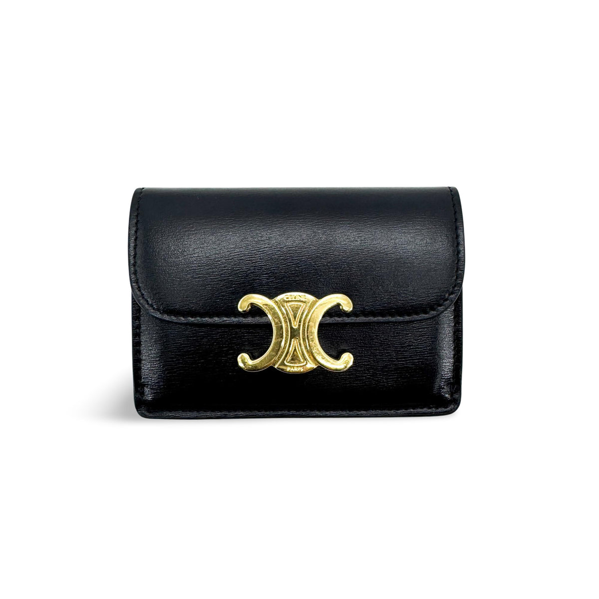 Celine Triomphe Card Case Leather, Black, Leather, Card Holder