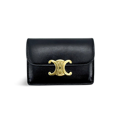 Celine Triomphe Card Case Leather, Black, Leather, Card Holder
