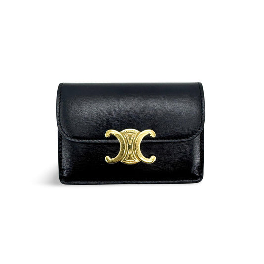 Celine Triomphe Card Case Leather, Black, Leather, Card Holder