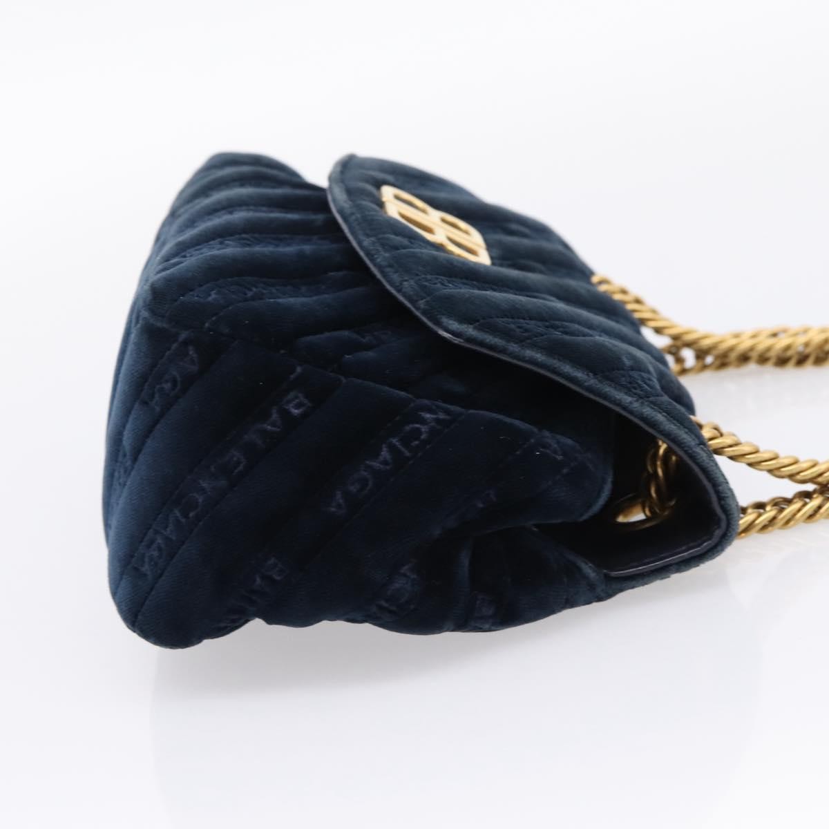 Balenciaga BB Chain Round Quilted Velvet, Navy, Velvet, Shoulder Bag
