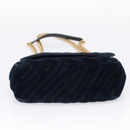 Balenciaga BB Chain Round Quilted Velvet, Navy, Velvet, Shoulder Bag