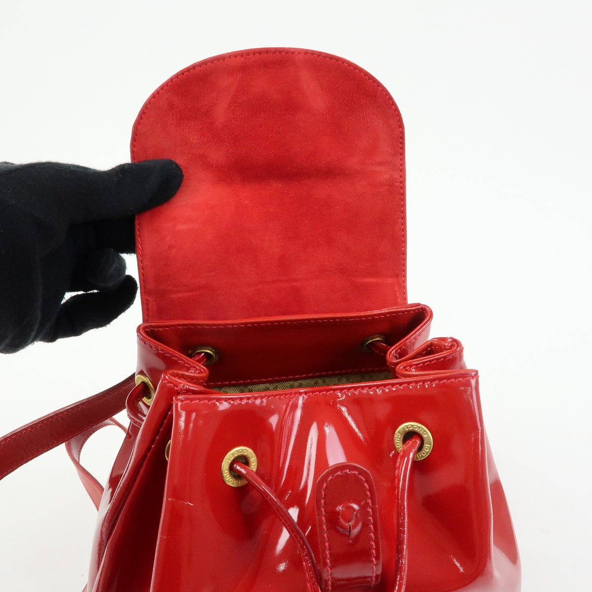Gucci Vintage Bamboo Patent, Red, Patent Leather, Backpack
