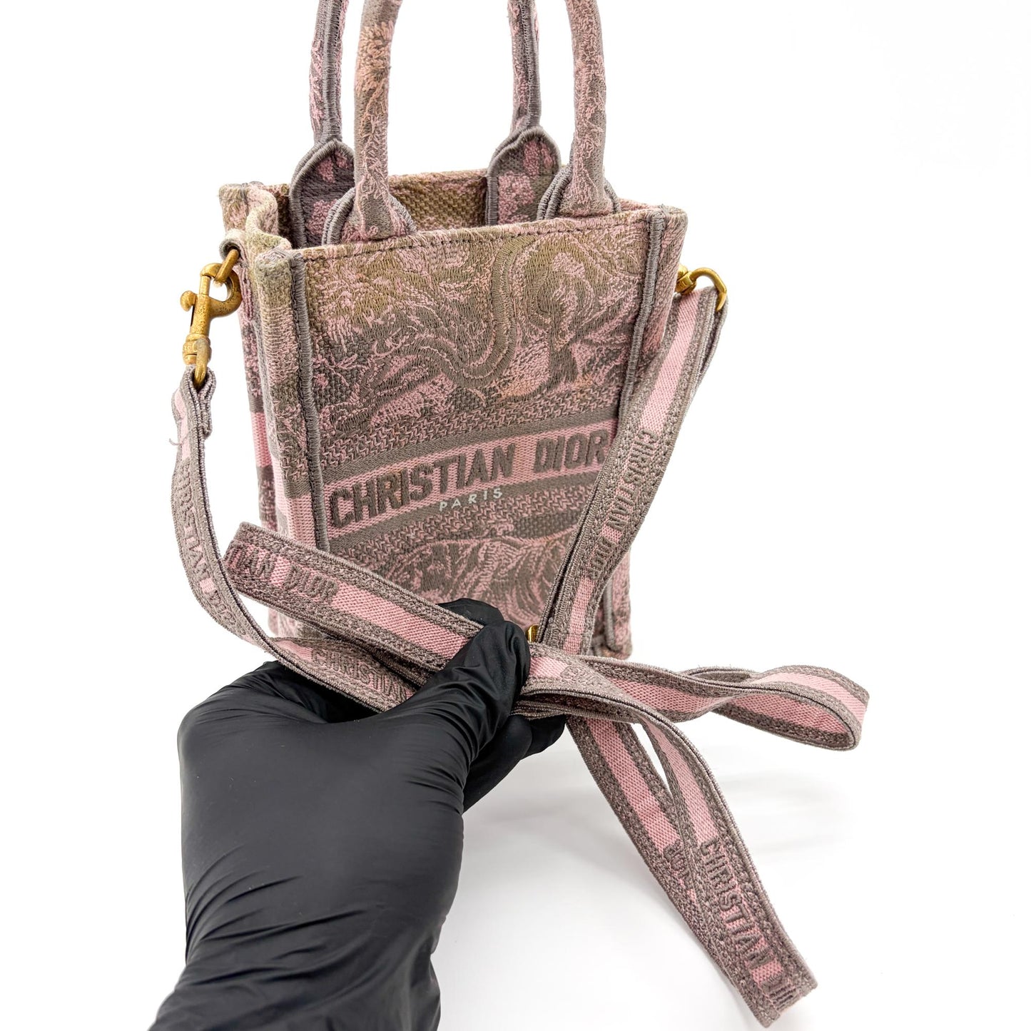 Christian Dior Book Embroidered Canvas, Pink, Canvas, Tote Bag